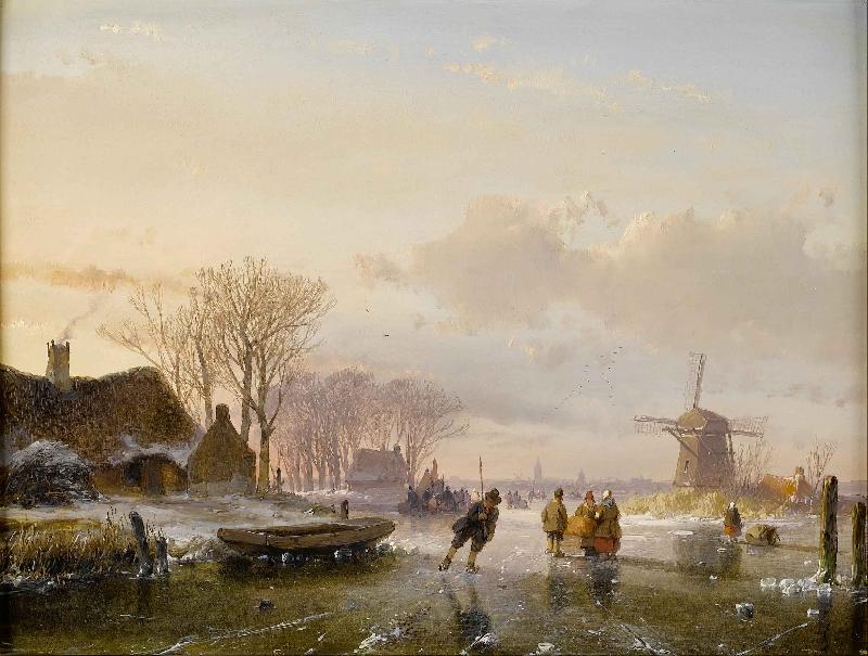 Andreas Schelfhout Skaters and figures on a frozen river